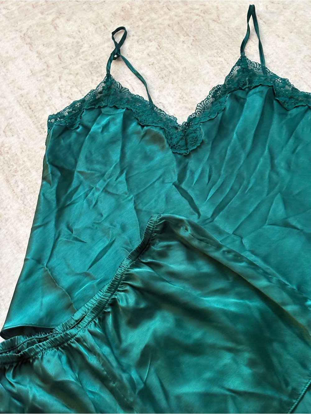 Linea Donatella Emerald Green Satin Lace-Trim Camisole & Shorts Set - Picture 3 of 5